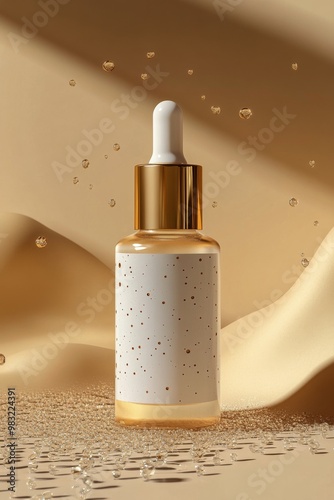 Elegant serum bottle on golden silk with water droplets highlighting skincare...