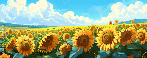A field of sunflowers with a blue sky in the background. The sunflowers are in full bloom and the sky is clear