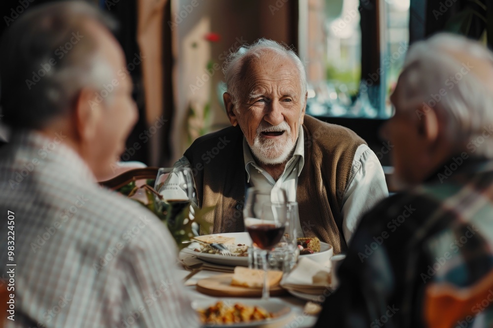 Group portrait of elderly men gathered around a table, discussing or sharing stories