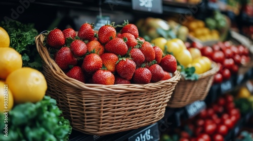 Colorful fruit market display on a sunny day with shoppers enjoying fresh pro...
