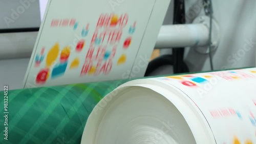 Automatic polyethylene plastic bag production machine with lighting effect. Close-up of the roller of the plastic bag production machine in the light. product packaging concept