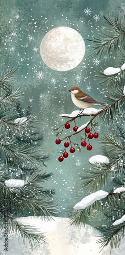 A winter scene with a sparrow perched among snowy branches and red berries un...