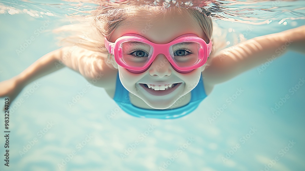 Naklejka premium a smiling girl swimming underwater in a pool, looking at the camera, wearing pink goggles and a blue outfit,