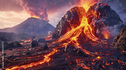 A volcano erupts sending lava high into the air photo