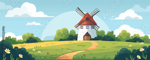 Quaint countryside windmill with rotating blades Vector flat minimalistic isolated illustration