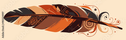 Produce a minimalist illustration of an eagle feather, highlighting its intricate patterns and symbolic significance in indigenous cultures. Vector flat minimalistic isolated illustration.