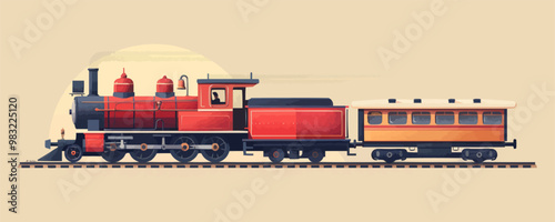 Nostalgic model train with locomotive and tracks Vector flat minimalistic isolated illustration