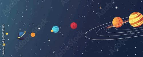 Solar system with orbiting planets and stars, Vector flat minimalistic isolated illustration