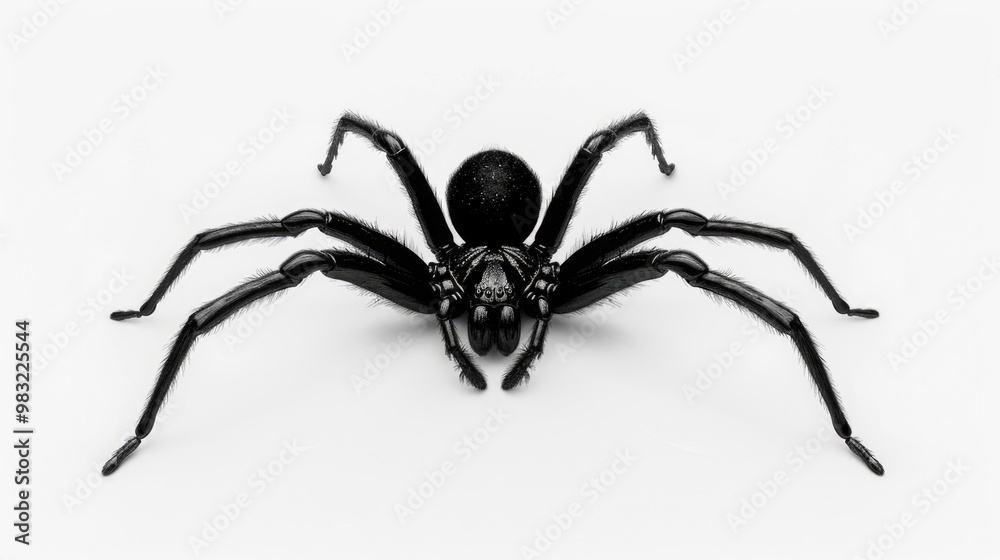 A single black spider sits on a smooth white surface, highlighting its dark color and intricate details A single black spider sits on a smooth white surface, highlighting its dark color and intricate details