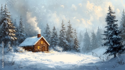 Cozy log cabin surrounded by snow-covered trees in a serene winter landscape