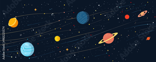 Solar system with orbiting planets and stars, Vector flat minimalistic isolated illustration