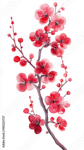 Watercolor Cherry Blossoms in Red and Pink