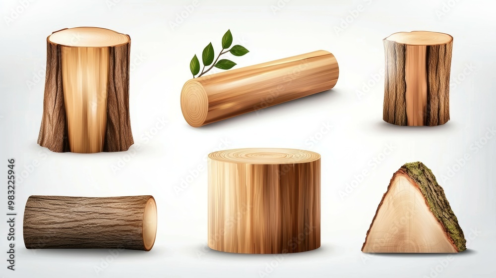 A variety of wooden logs, including a round log, a long log A variety of wooden logs, including a round log, a long log