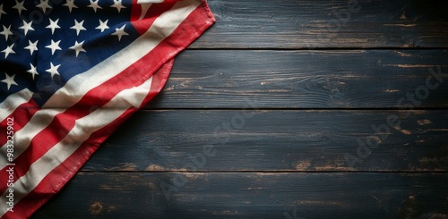 American flag draped on rustic wooden table background during a quiet moment ...