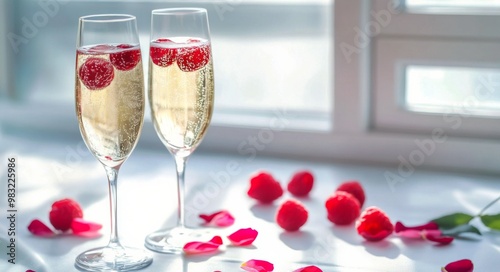Elegant champagne glasses with raspberries in a cozy setting during a romanti...
