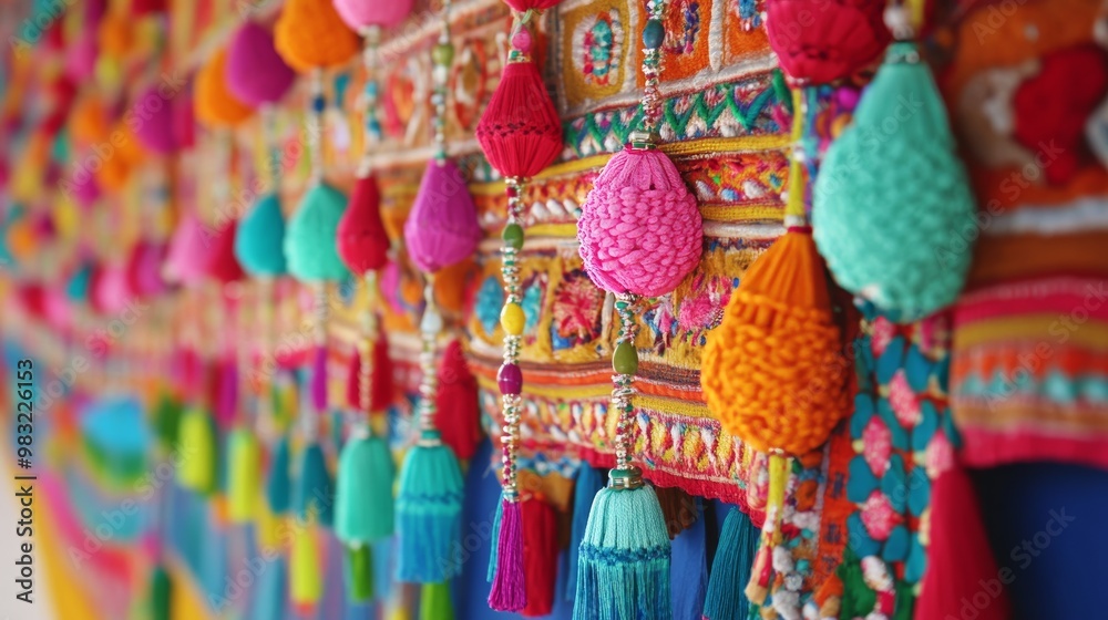Naklejka premium colorful tassels and embroidery adorn the wall of an indian village, with vibrant colors, detailed patterns, and traditional folk art elements. the close-up shot features a shallow depth of field
