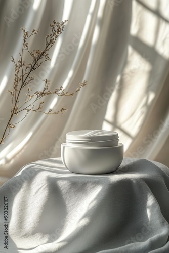 Delicate skincare cream jar surrounded by blooming pink flowers in soft light...