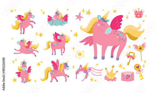 Magic cute unicorns set. Fantasy animal collection with yellow horn and pink mane