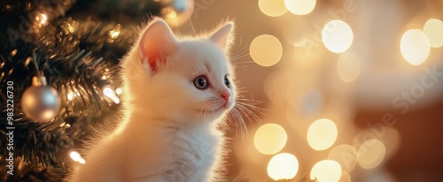 A cute white kitten with blue eyes snuggles by a sparkling Christmas tree