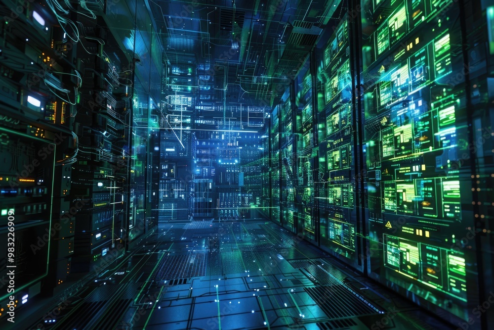 A modern room filled with numerous glass surfaces and lit by multiple light sources