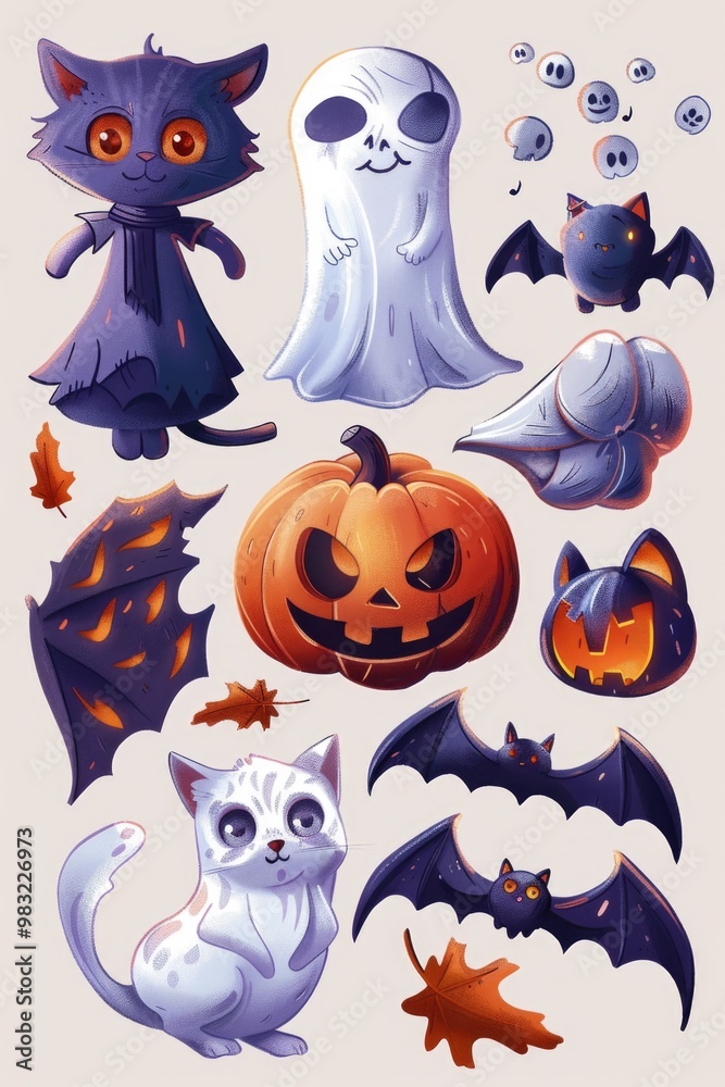 Obraz premium A group of cartoon characters dressed in Halloween costumes, perfect for illustration or decoration