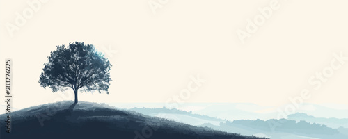 A solitary tree standing on a hilltop overlooking a vast landscape on a white background. Vector flat minimalistic isolated illustration.