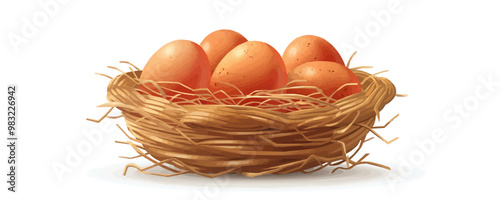 Basket of farm-fresh eggs with straw nest on a clean white surface. Vector flat isolated illustration.