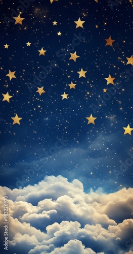 Starry night sky with scattered clouds glowing in the moonlight above a tranq...