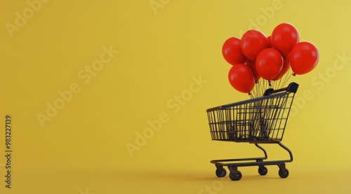 Bright red balloons in a black shopping cart against a yellow background in a...