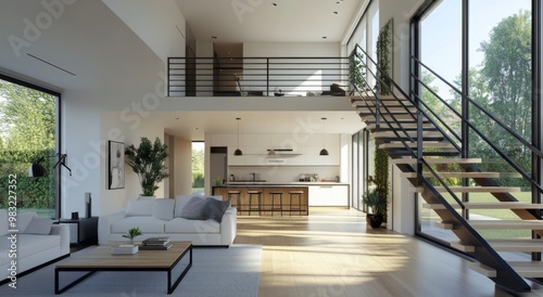 Modern living room and kitchen blend in a bright, open-concept home surrounded by greenery