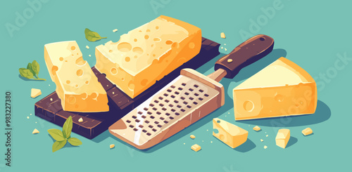 Parmesan cheese block with grater, Vector flat minimalistic isolated illustration