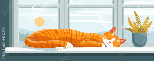 Cat sleeping on a windowsill. Vector flat minimalistic isolated illustration.