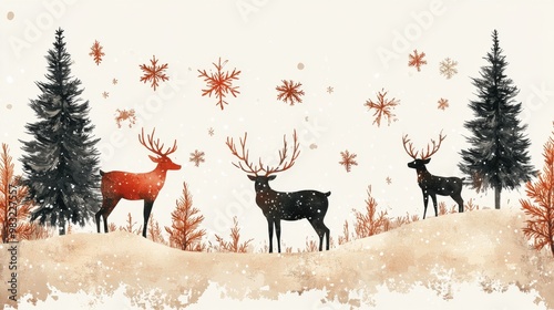 Colorful reindeer and Christmas trees create a festive winter landscape with ...