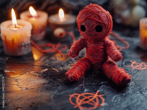 Tiny red doll surrounded by candles on a dark surface during a mystical gathe...