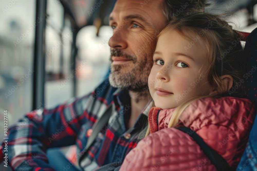 A father and young daughter riding together on a city bus, a moment of everyday life A father and young daughter riding together on a city bus, a moment of everyday life