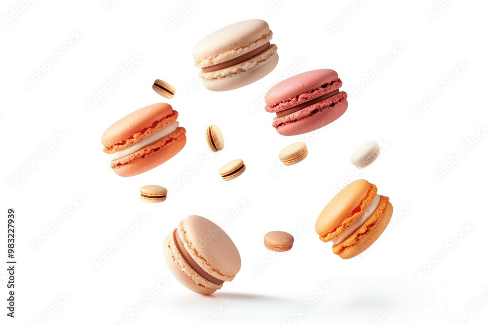 French-inspired meringue-based treats suspended in flight, ideal for food and lifestyle images French-inspired meringue-based treats suspended in flight, ideal for food and lifestyle images