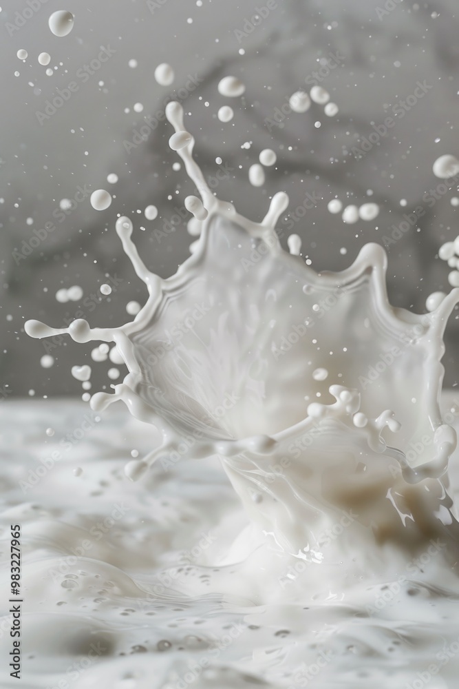 A close-up view of a splash of milk on a white surface A close-up view of a splash of milk on a white surface