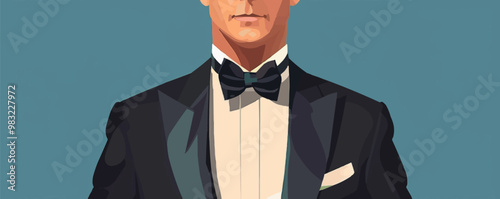 Distinguished gentleman in a classic tuxedo with a bow tie, flat portrait, vector illustration.