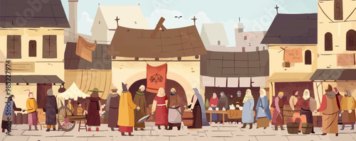 Detailed medieval marketplace with merchants, shoppers, and lively activity, flat, vector illustration, Sketch.