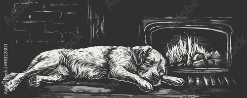 Dog sleeping by a fireplace sketch engraving vector illustration. Scratch board imitation. Black and white image. Vector illustration