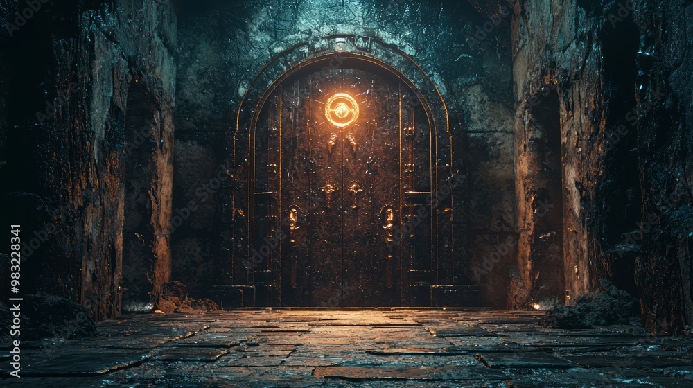 The Enigmatic Secrets of the Ancient Dungeon - Dark Fantasy 3D Scene with Stone Door and Glowing Symbols. The Enigmatic Secrets of the Ancient Dungeon - Dark Fantasy 3D Scene with Stone Door and Glowing Symbols.