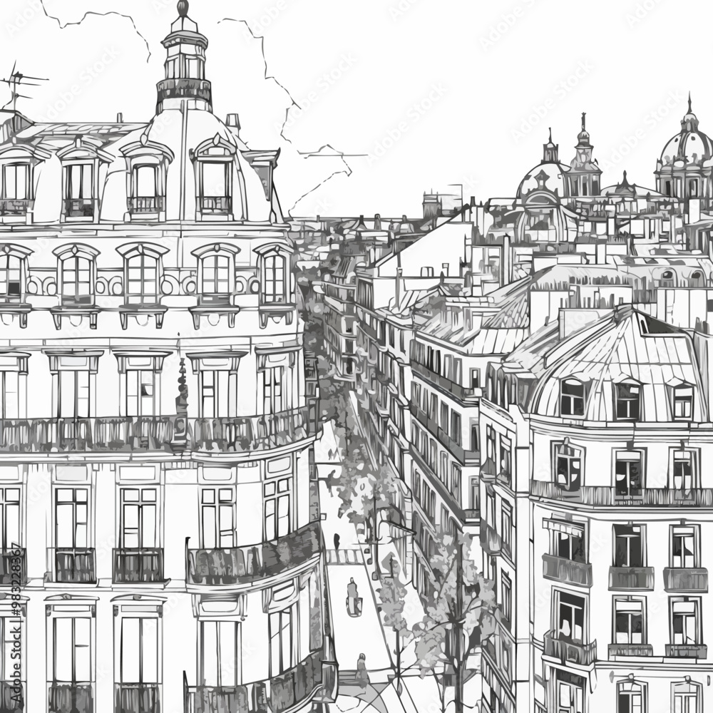 Draw an intricate cityscape with detailed buildings and streets, perfect for urban and architectural projects, hand-drawn vector art. Draw an intricate cityscape with detailed buildings and streets, perfect for urban and architectural projects, hand-drawn vector art.