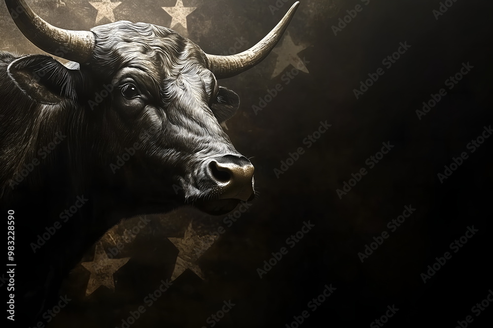 Naklejka premium Black bull on the dark background with stars, banner with copy space