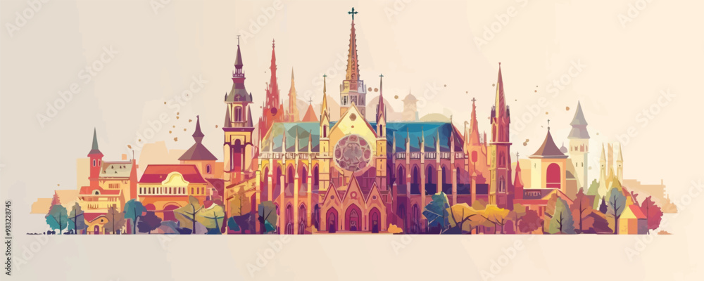 Gothic cathedral with towering spires and intricate stained glass. Vector flat minimalistic isolated illustration. Gothic cathedral with towering spires and intricate stained glass. Vector flat minimalistic isolated illustration.