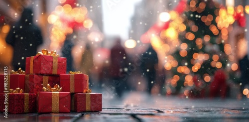 Festively decorated street with Christmas lights and gift boxes during the ho...