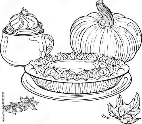 Autumn composition with pumpkin latte and pumpkin pie with whipped cream. Cozy autumn decor. Vector illustration in hand drawn sketch style. Line art isolated on white for coloring book, print
