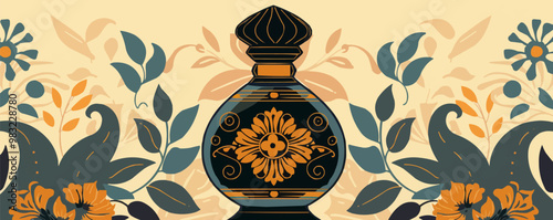 Elegant design of a vintage perfume bottle with ornate decorations, capturing a sense of timeless fragrance, flat, vector illustration, Vintage hand drawn.
