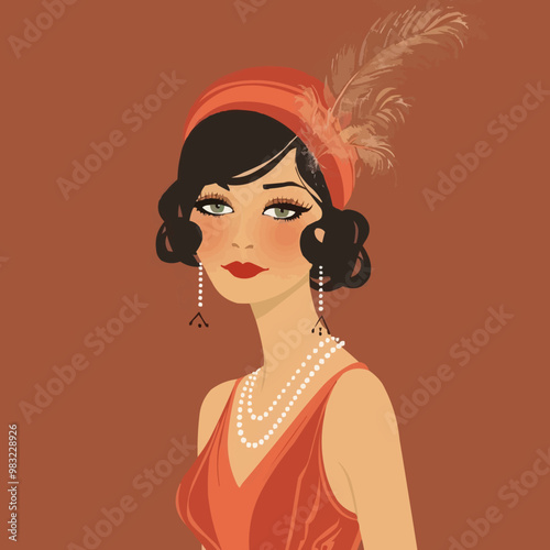 Elegant lady in 1920s flapper dress, complete with accessories like pearls and a feathered headband, flat, vector illustration, Vintage hand drawn.