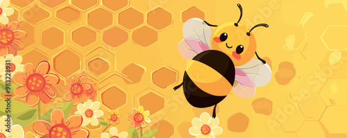 Cute bumblebee with a flower and honeycomb background, sweet and busy, vector illustration for t-shirt, flat style.