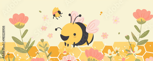 Wallpaper Mural Cute bumblebee with a flower and honeycomb background, sweet and busy, vector illustration for t-shirt, flat style. Torontodigital.ca